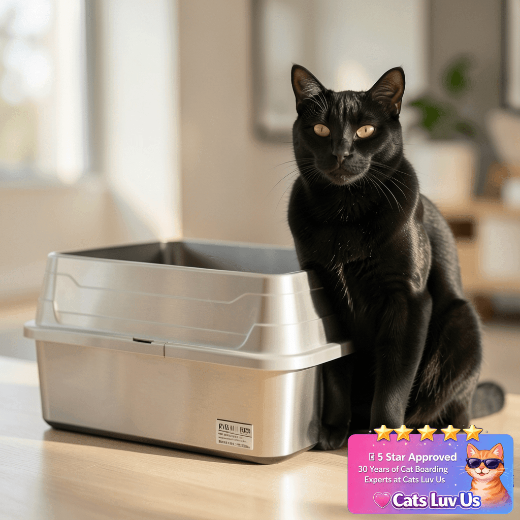 Stainless Steel Cat Litter Box with cat - professional product lifestyle photo