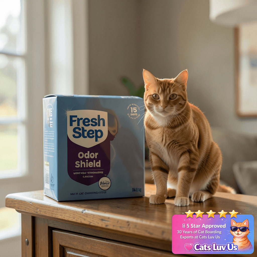 Fresh Step Clumping Cat Litter with cat - professional product lifestyle photo