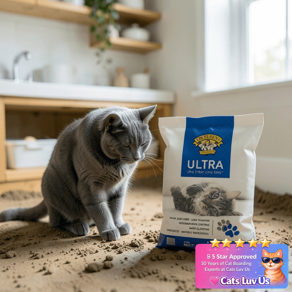 Dr. Elsey's Ultra Unscented Clumping Clay Cat Litter 18 lb with cat - professional product lifestyle photo
