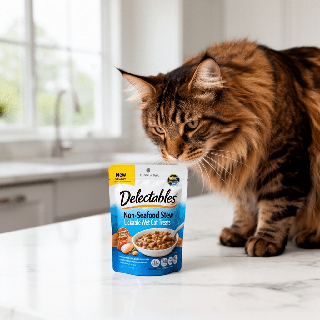 Delectables Non-Seafood Stew Lickable Wet Cat Treats with cat - professional product lifestyle photo