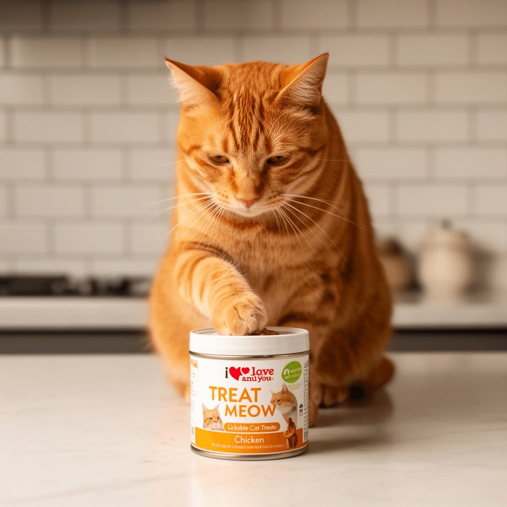 I and Love and You Treat Meow Lickable Cat Treats - Chicken with cat - professional product lifestyle photo