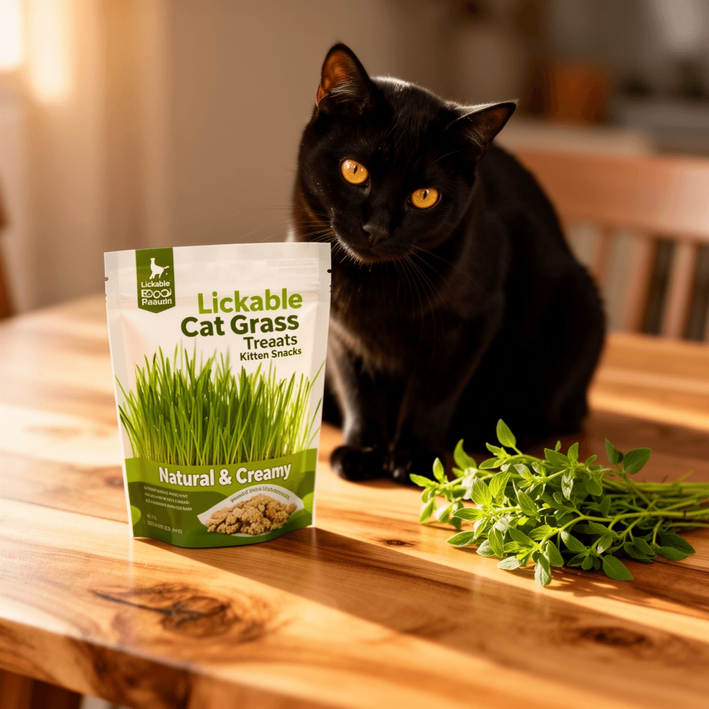 Lickable Cat Grass Treats - Natural & Creamy Kitten Snacks with cat - professional product lifestyle photo