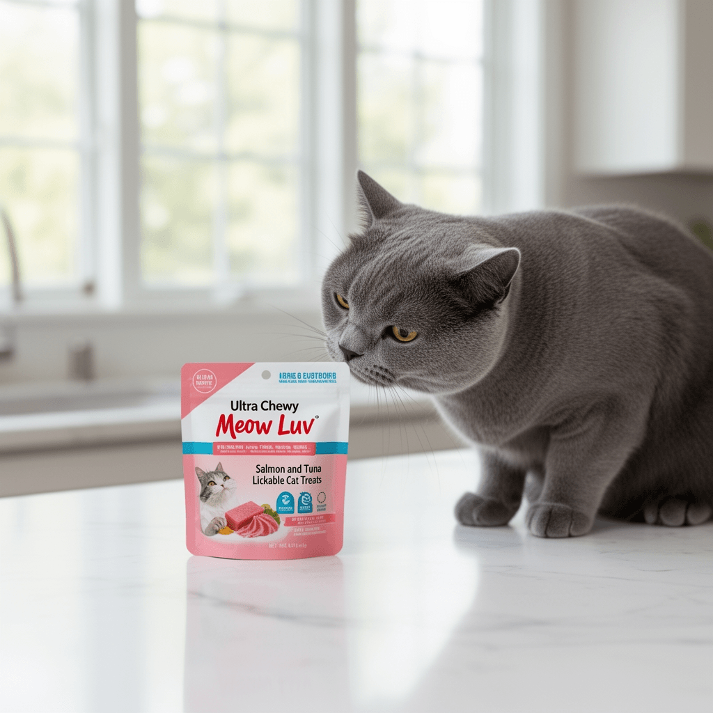 Ultra Chewy Meow Luv Salmon and Tuna Lickable Cat Treats - with cat - professional product lifestyle photo