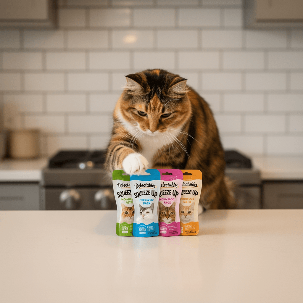 Delectables Squeeze Up Non-Seafood Variety Pack Lickable Cat with cat - professional product lifestyle photo