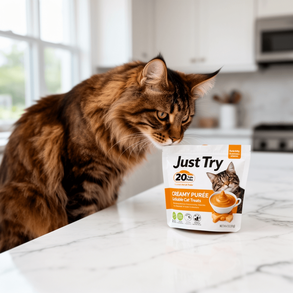 Just Try 20 Tubes Creamy Purée Lickable Cat Treats for with cat - professional product lifestyle photo