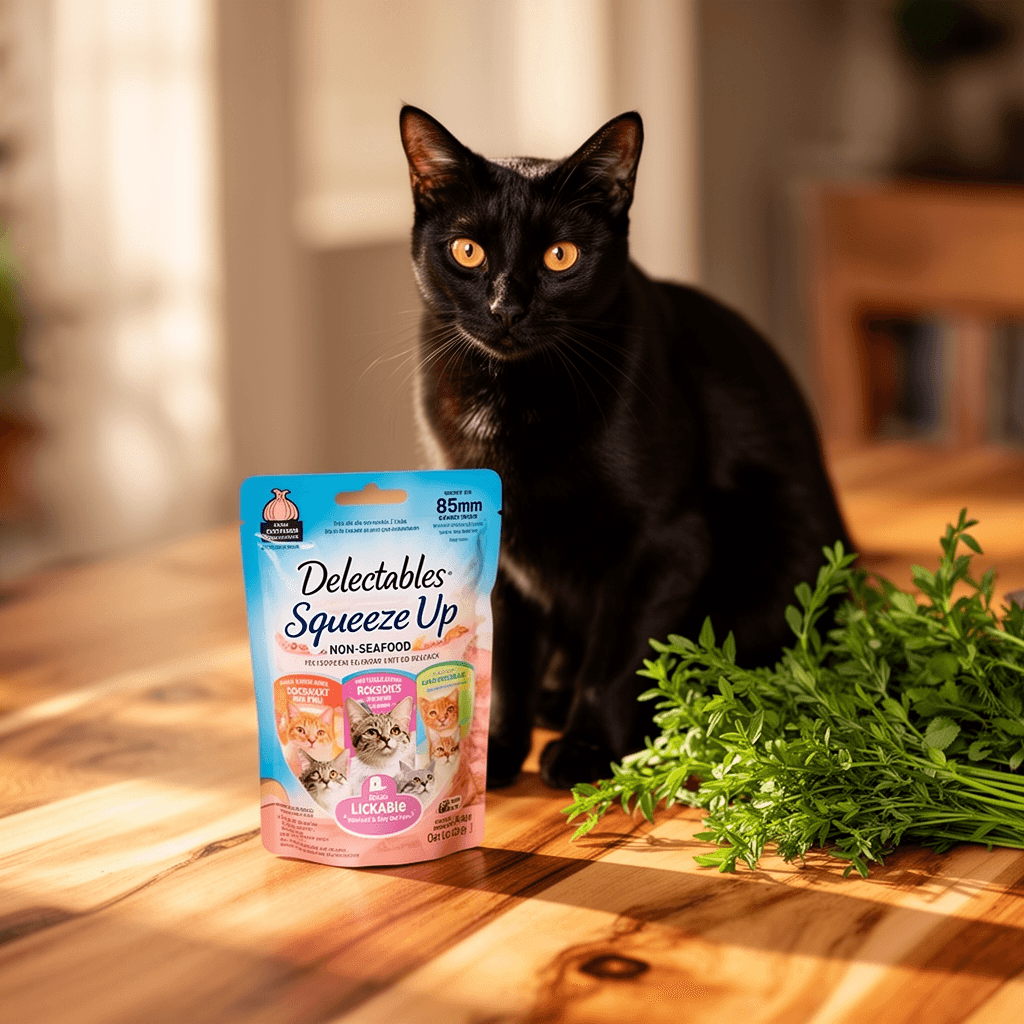 Delectables Squeeze Up Non-Seafood Variety Pack Lickable Cat with cat - professional product lifestyle photo