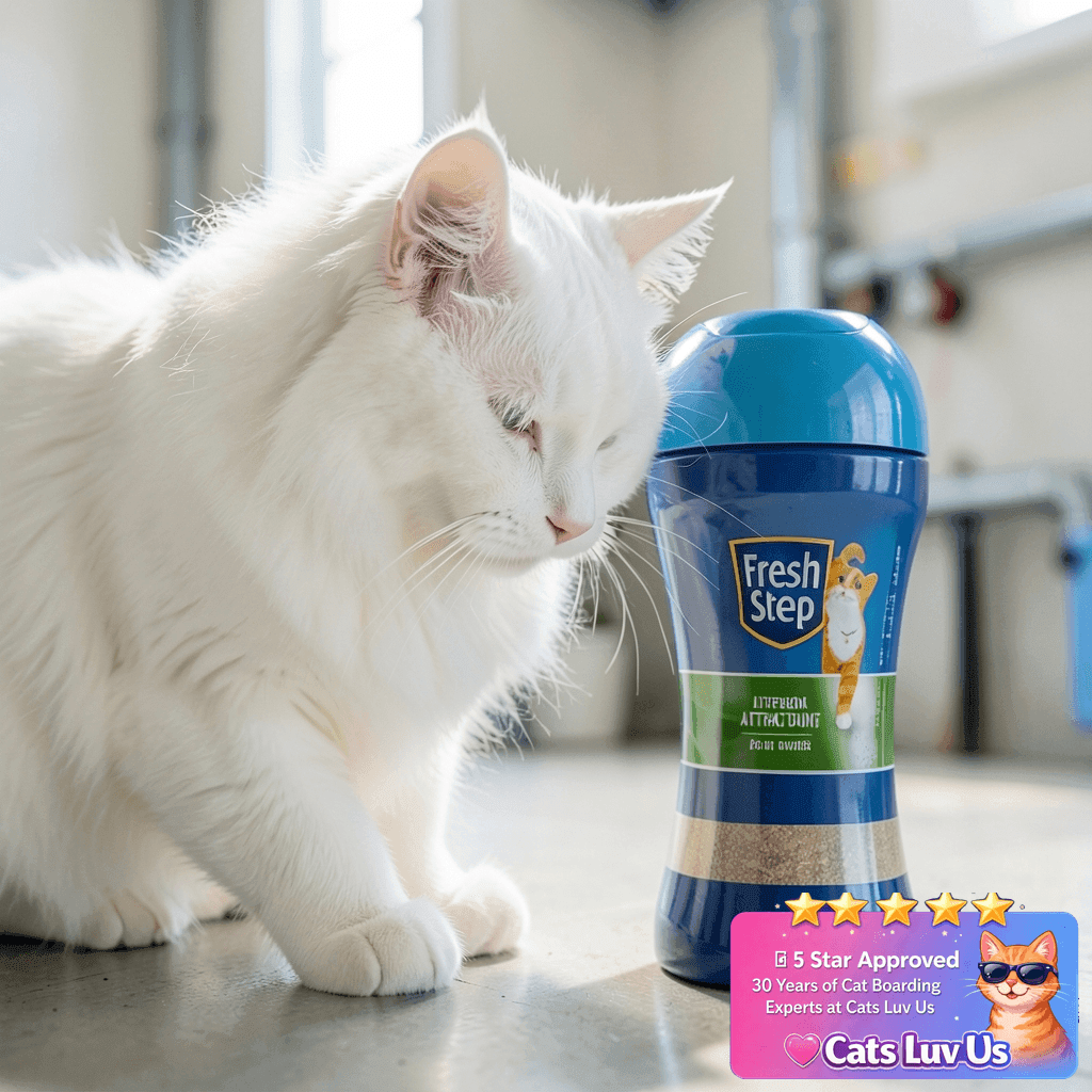 Fresh Step Litter Box Attractant Powder with cat - professional product lifestyle photo