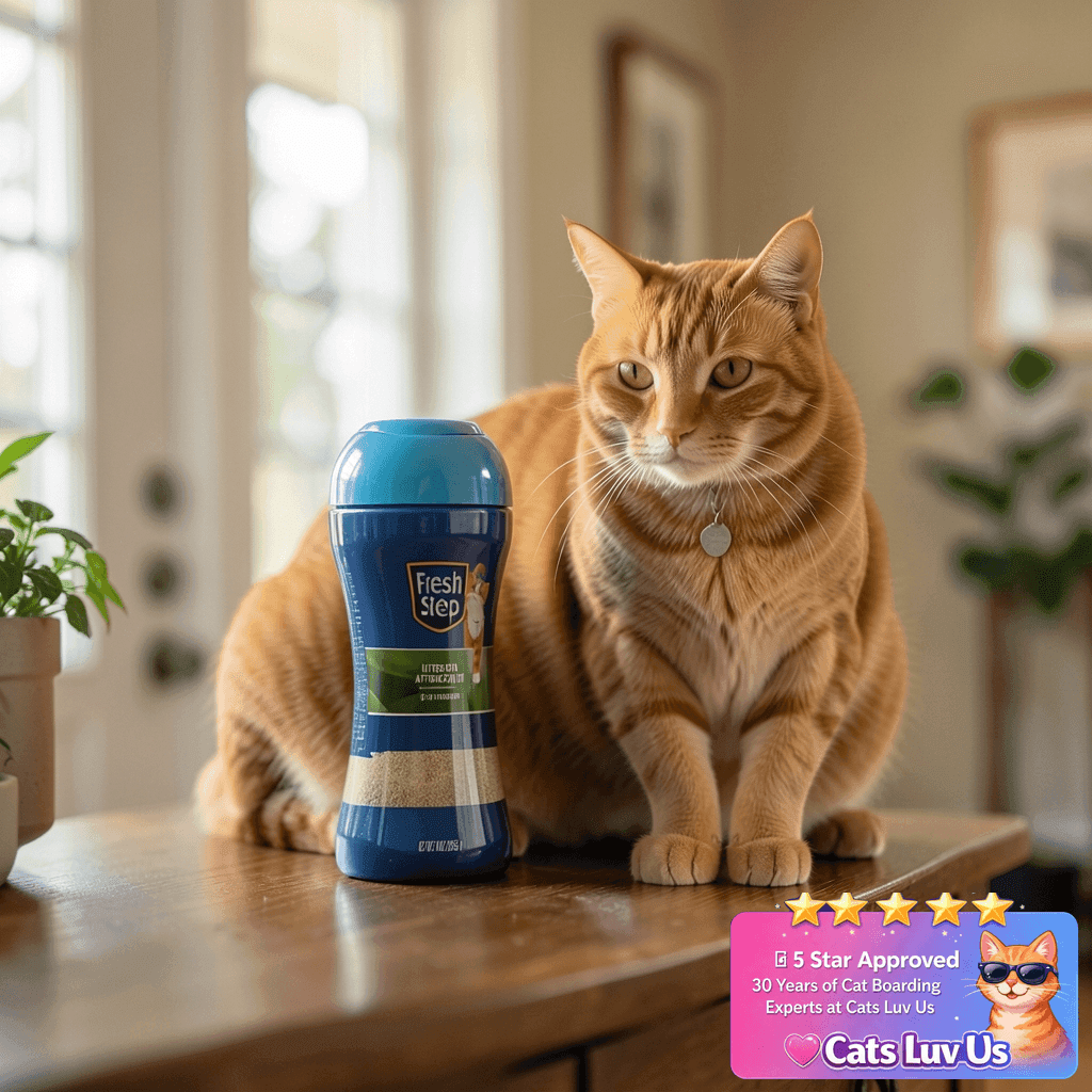 Fresh Step Litter Box Attractant Powder with cat - professional product lifestyle photo