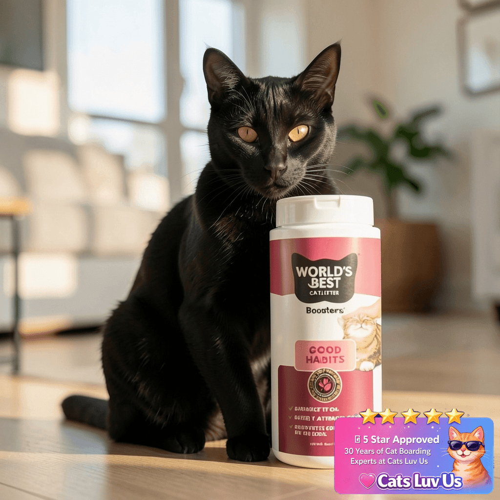 WORLD'S BEST CAT LITTER® Boosters™ Good Habits™ with cat - professional product lifestyle photo