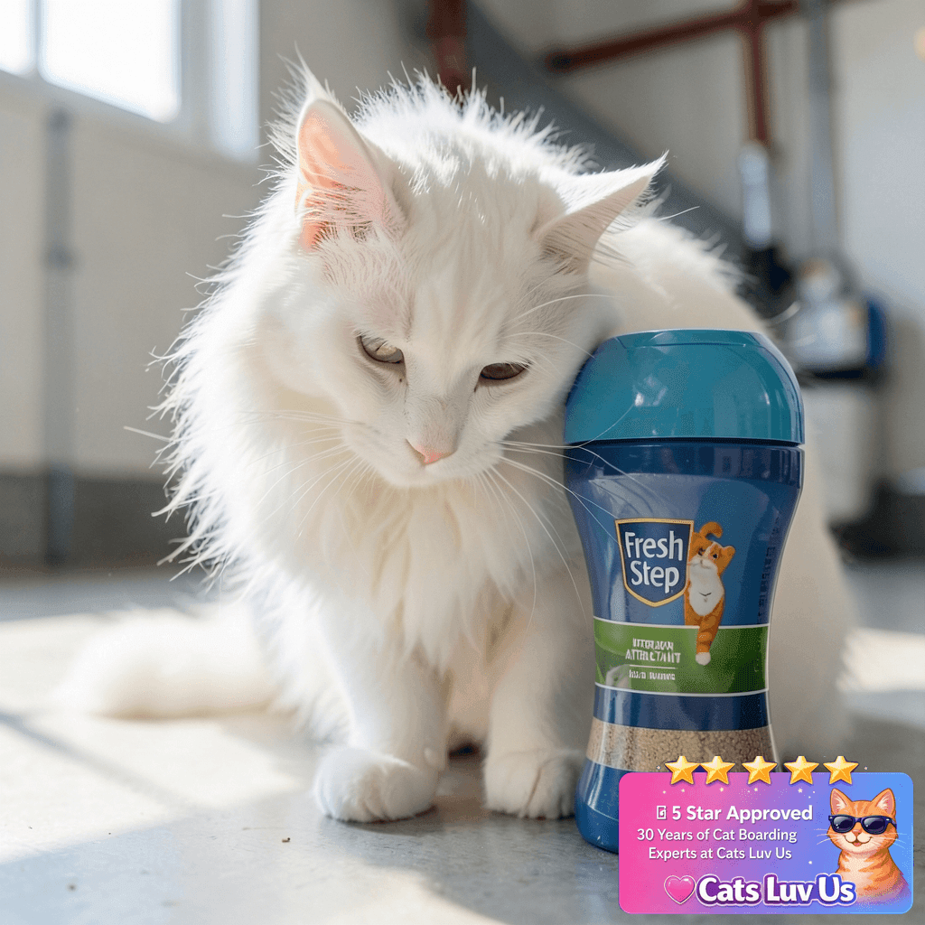 Fresh Step Litter Box Attractant Powder with cat - professional product lifestyle photo