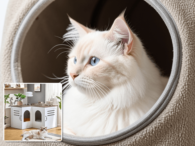 Cat owner reviewing corner litter box cabinet for multiple cats options for their pet in 2026