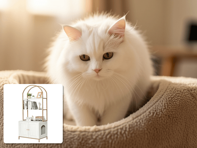 Cat owner reviewing decorative litter box enclosure for small spaces options for their pet in 2026