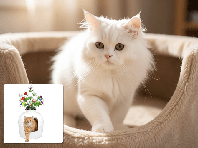 Cat owner reviewing modern hidden litter box planter options for their pet in 2026