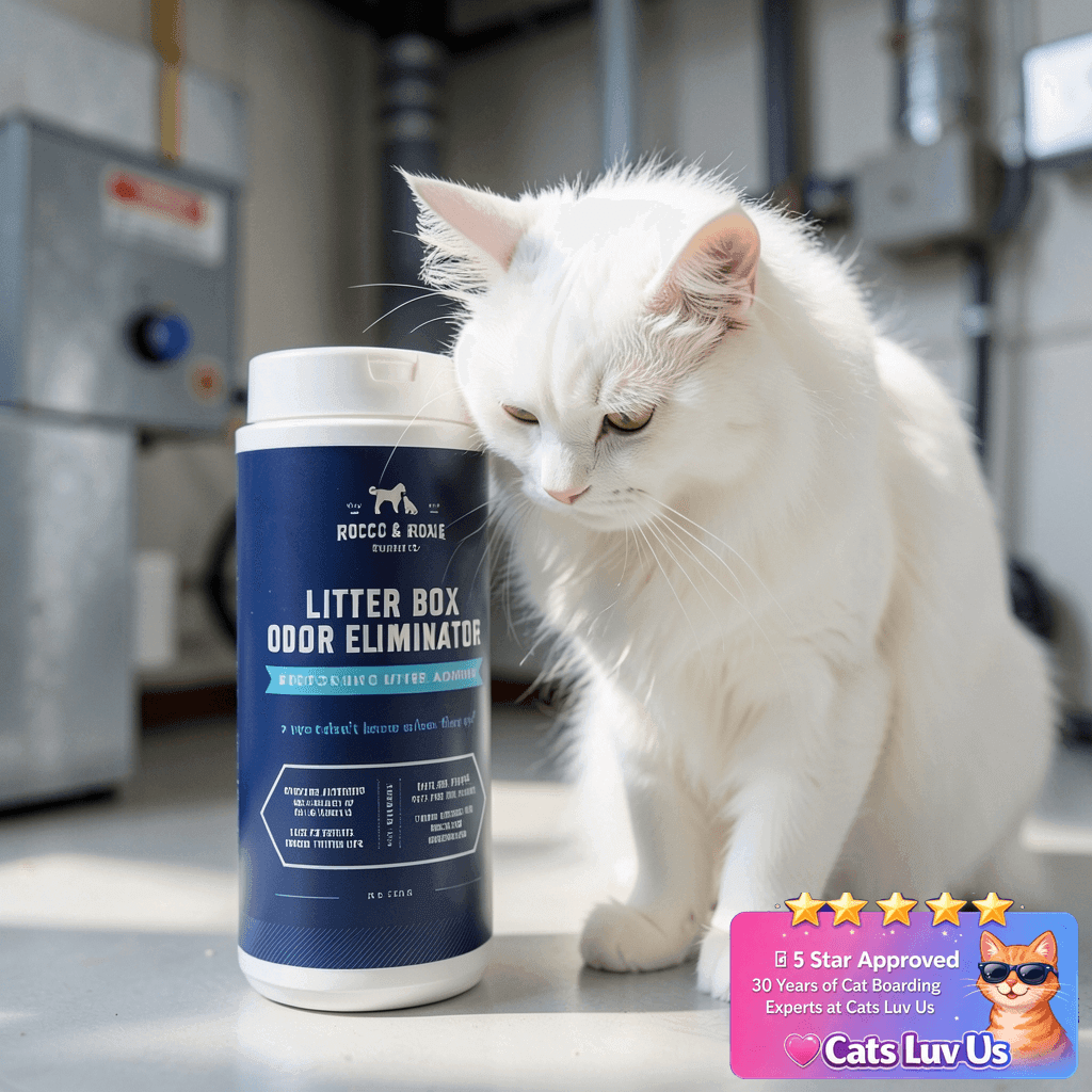 Rocco & Roxie Litter Box Odor Eliminator with cat - professional product lifestyle photo
