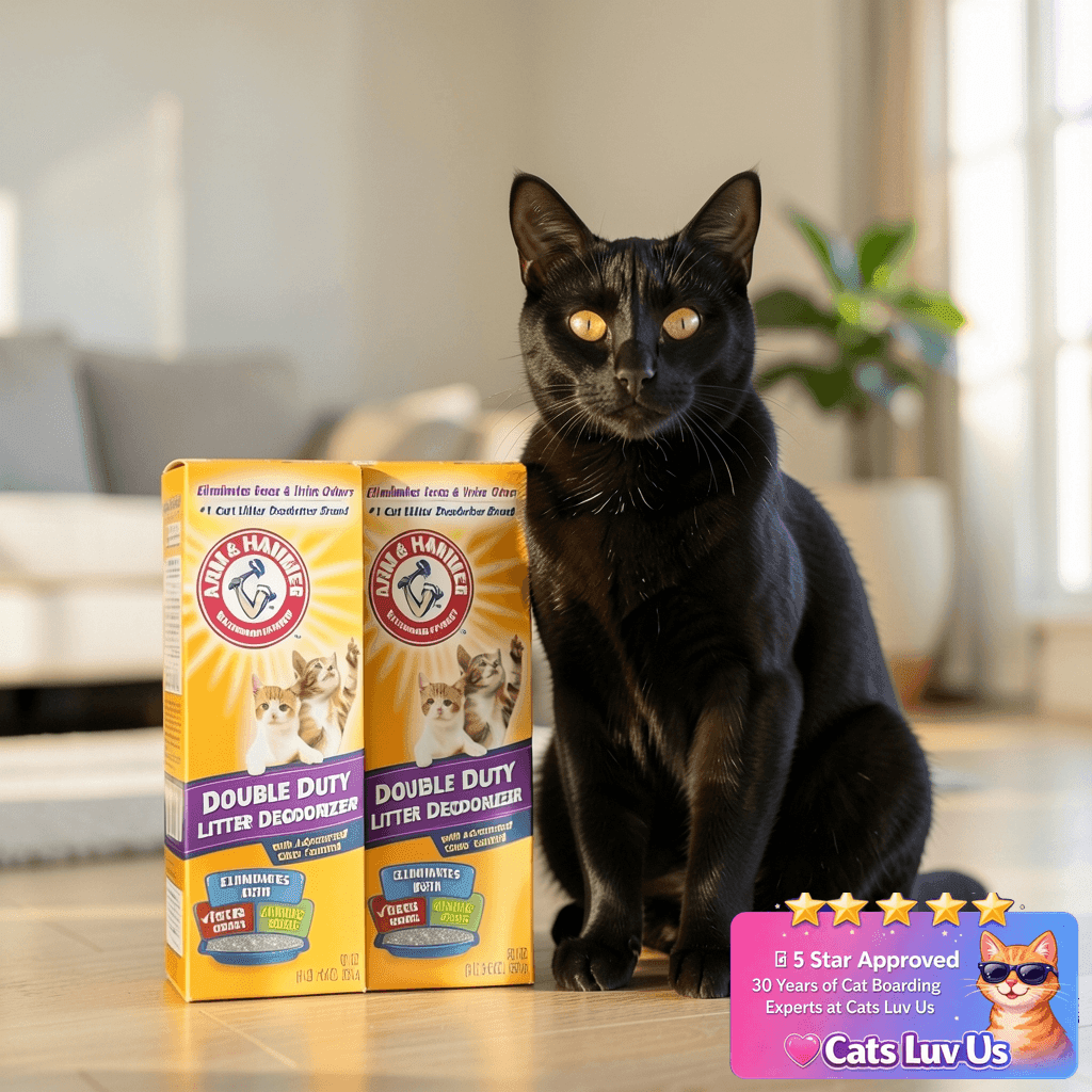 Arm & Hammer Cat Litter Deodorizer Double Duty with cat - professional product lifestyle photo