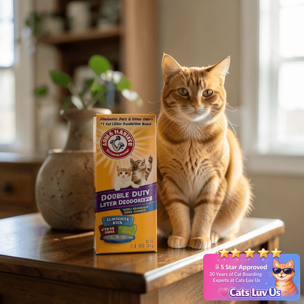 Arm & Hammer Cat Litter Deodorizer Double Duty with cat - professional product lifestyle photo