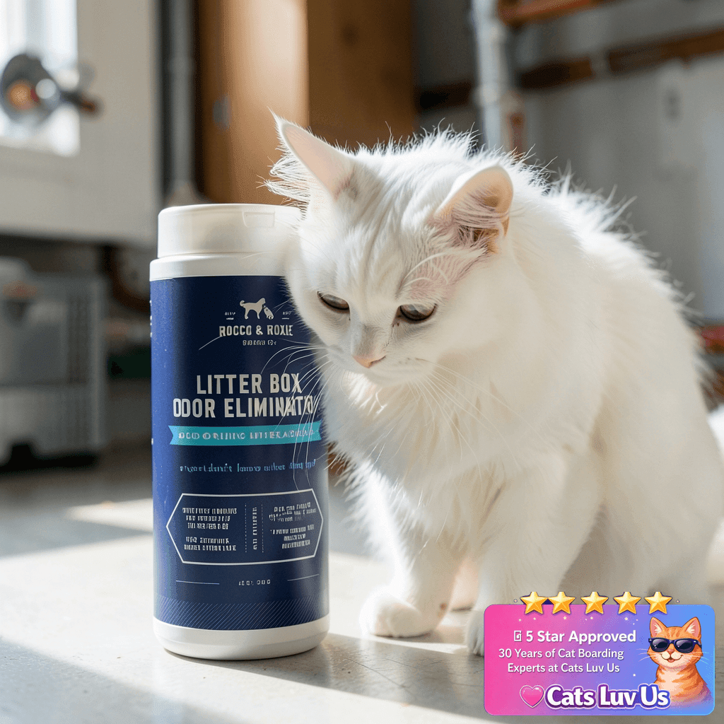 Rocco & Roxie Litter Box Odor Eliminator with cat - professional product lifestyle photo