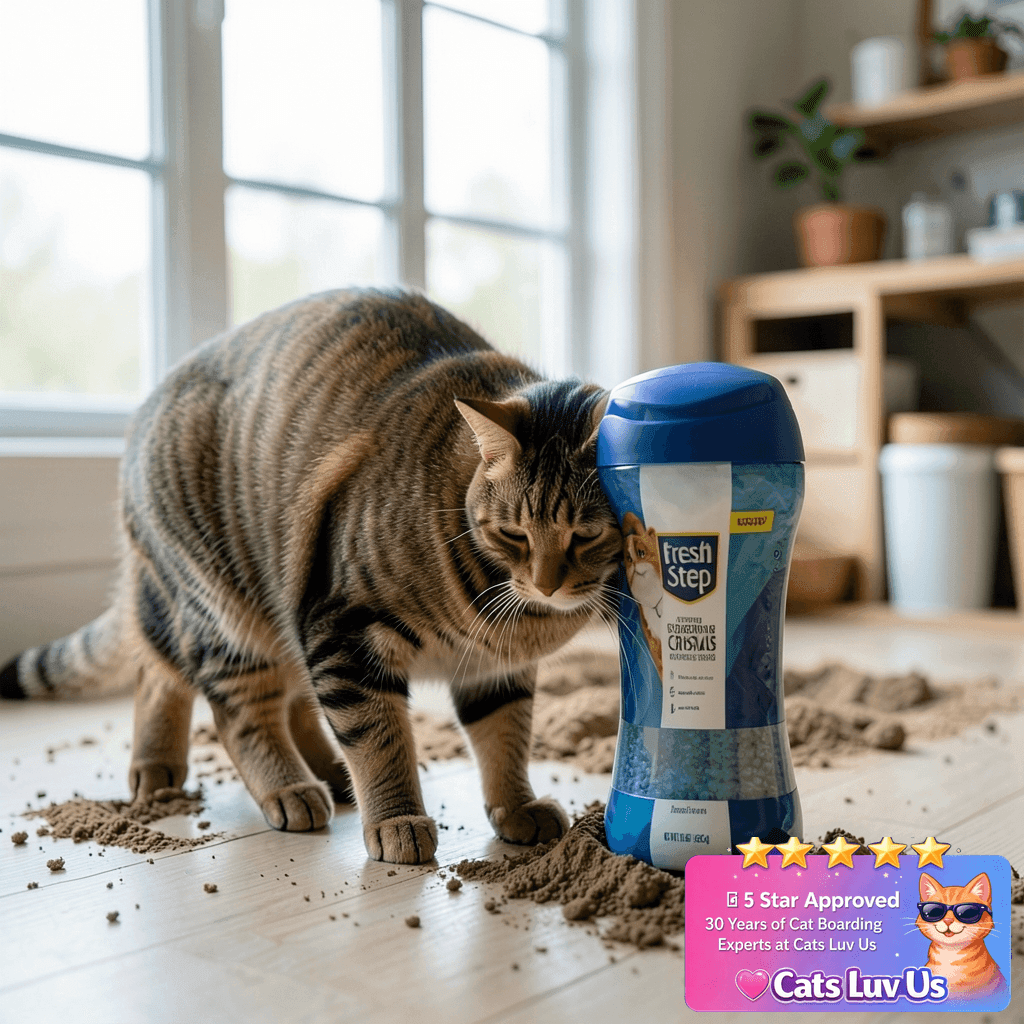 Fresh Step Cat Litter Crystals Deodorizer with cat - professional product lifestyle photo