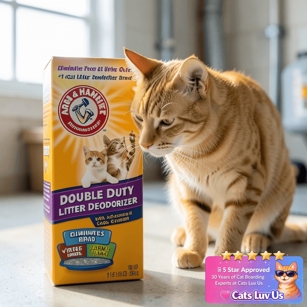 Arm & Hammer Cat Litter Deodorizer Double Duty with cat - professional product lifestyle photo