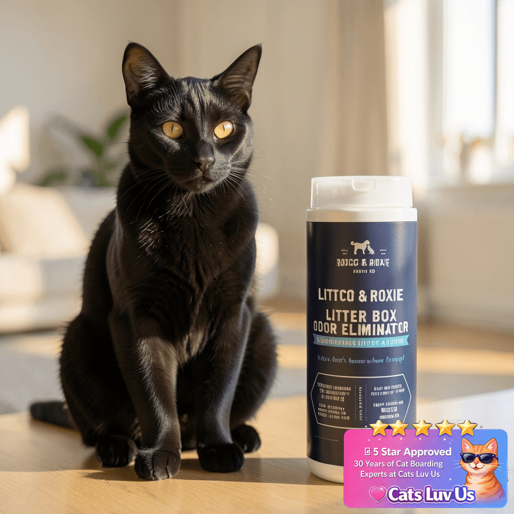 Rocco & Roxie Litter Box Odor Eliminator with cat - professional product lifestyle photo