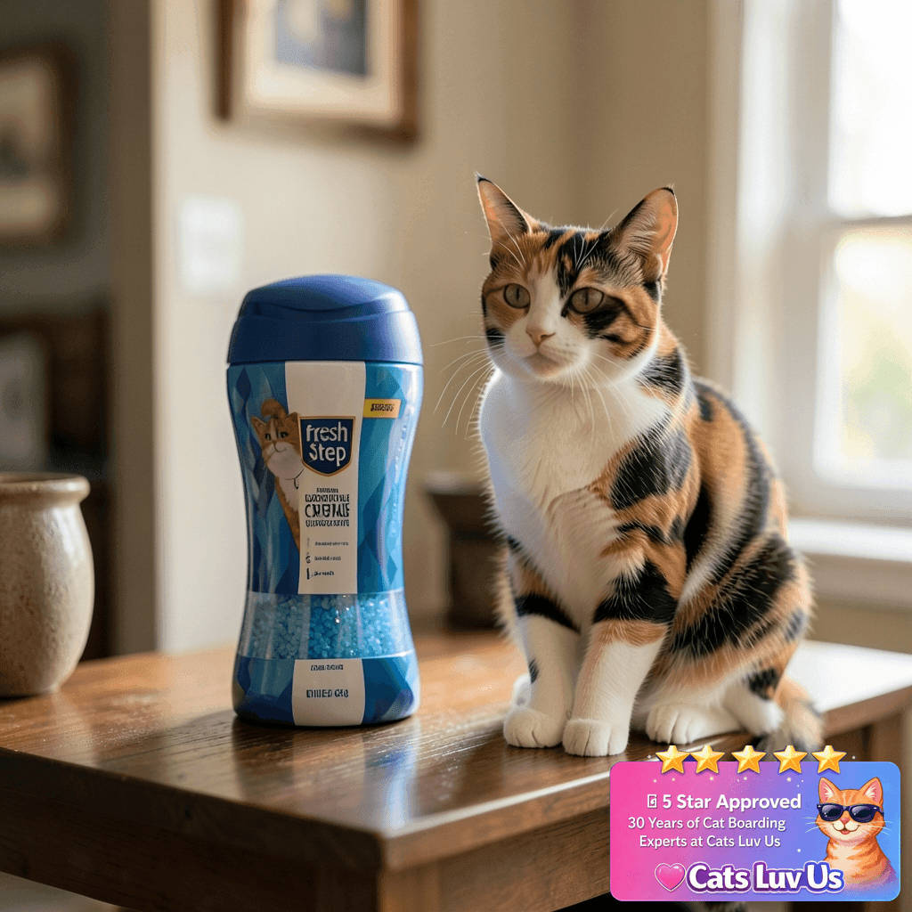 Fresh Step Cat Litter Crystals Deodorizer with cat - professional product lifestyle photo