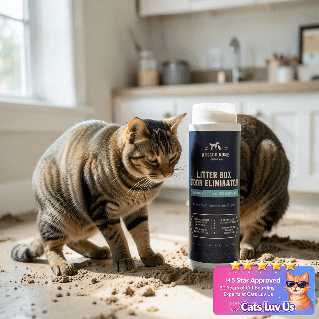 Rocco & Roxie Litter Box Odor Eliminator with cat - professional product lifestyle photo
