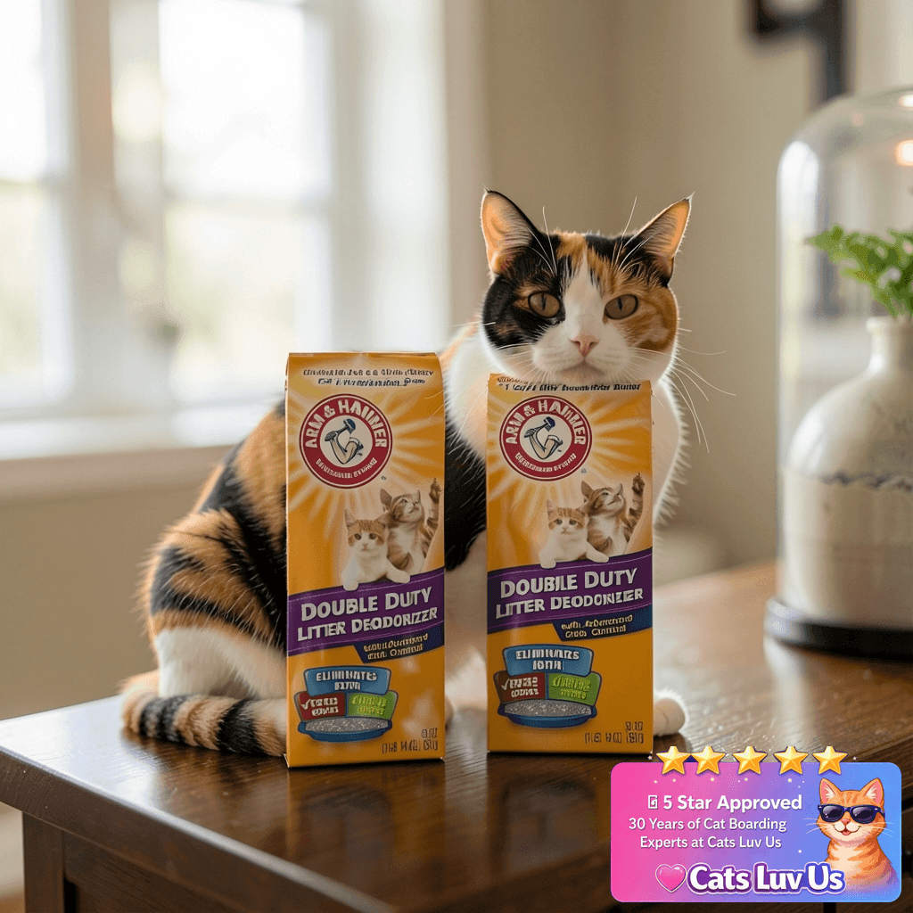 Arm & Hammer Cat Litter Deodorizer Double Duty with cat - professional product lifestyle photo