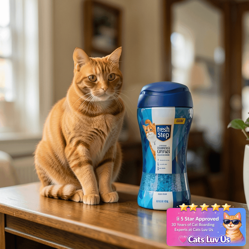 Fresh Step Cat Litter Crystals Deodorizer with cat - professional product lifestyle photo