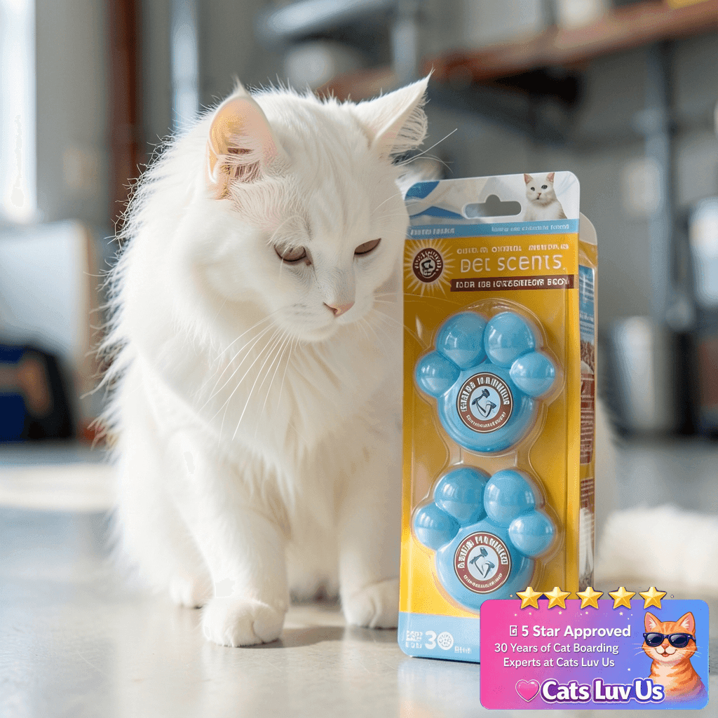 Arm & Hammer Pets Cat Litter Box Deodorizer Pods with cat - professional product lifestyle photo