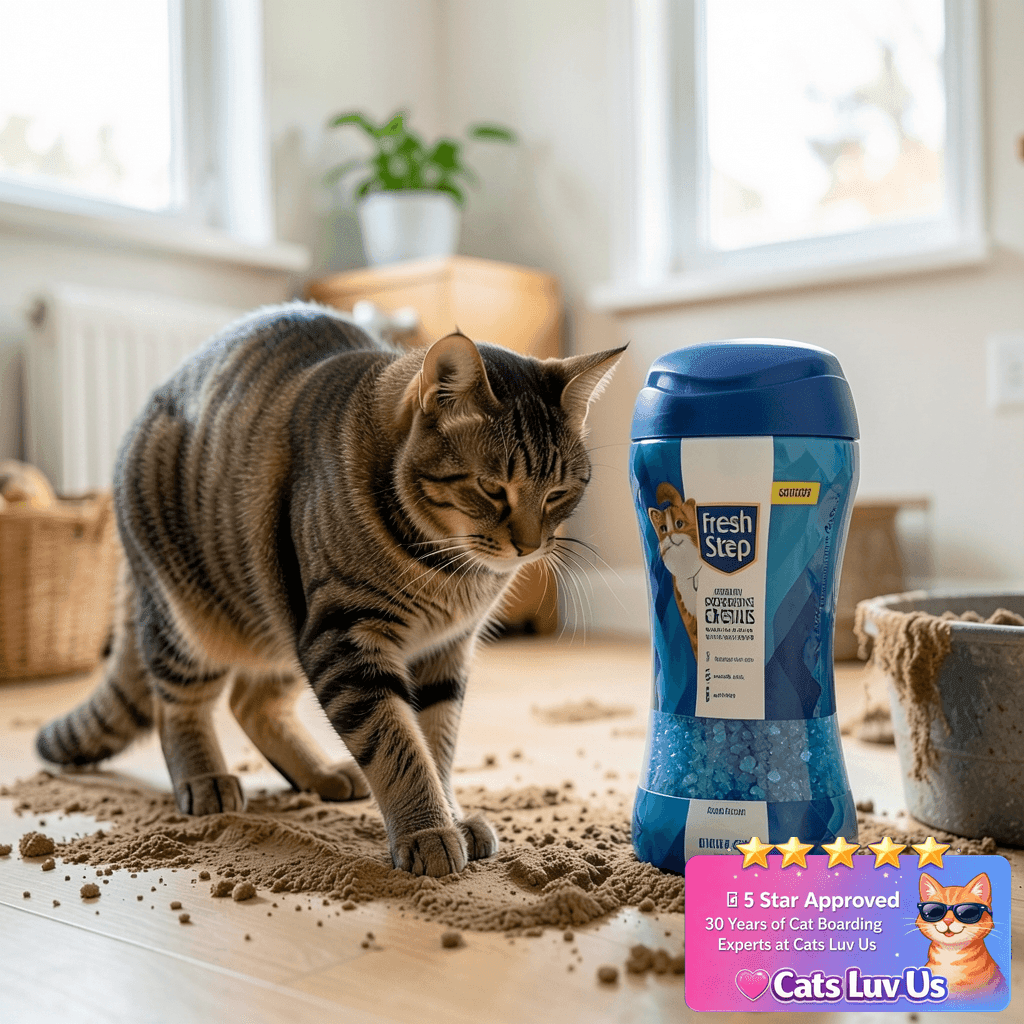 Fresh Step Cat Litter Crystals Deodorizer with cat - professional product lifestyle photo
