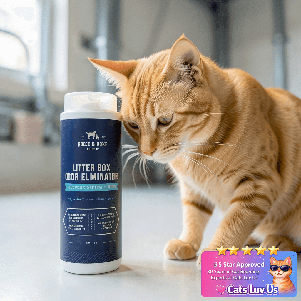 Rocco & Roxie Litter Box Odor Eliminator with cat - professional product lifestyle photo