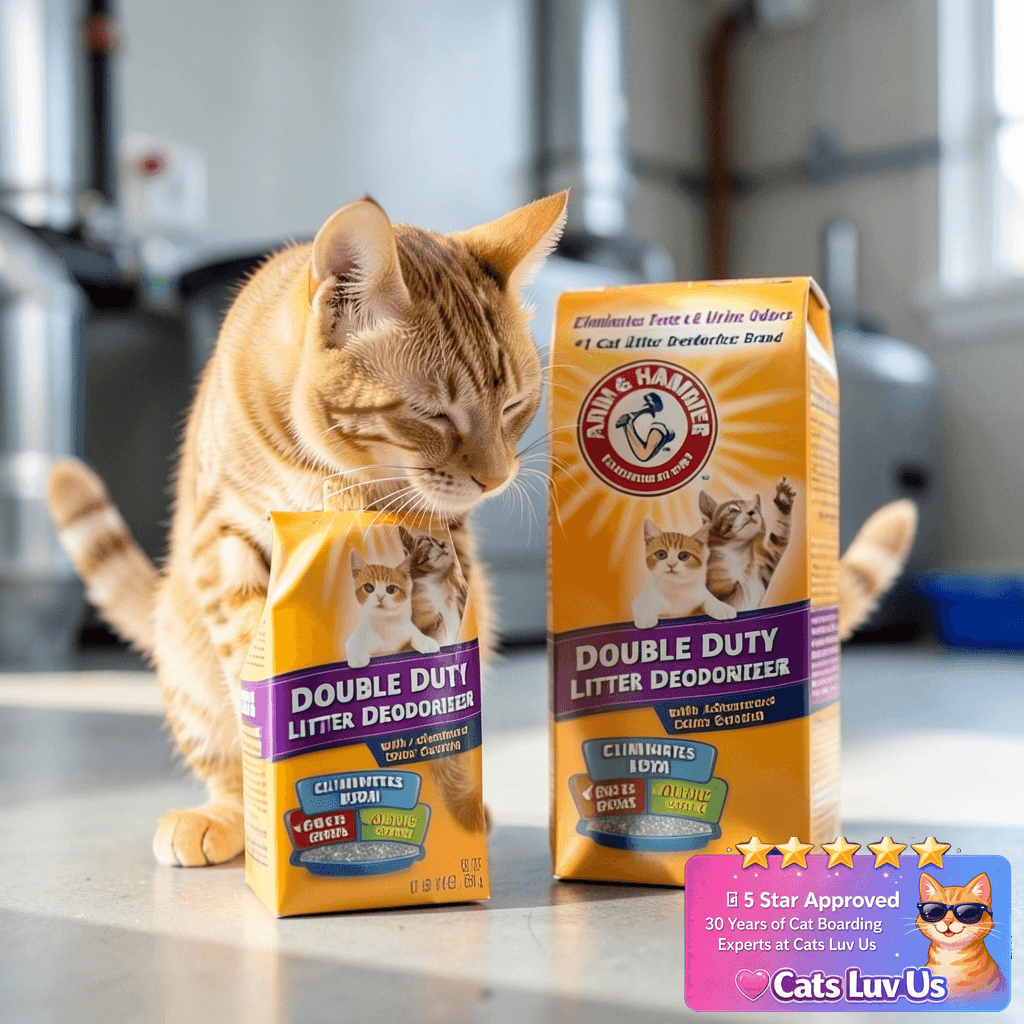 Arm & Hammer Cat Litter Deodorizer Double Duty with cat - professional product lifestyle photo
