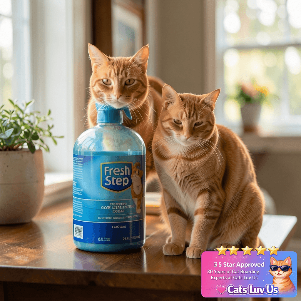 Fresh Step Cat Litter Box Odor Eliminating Spray with cat - professional product lifestyle photo