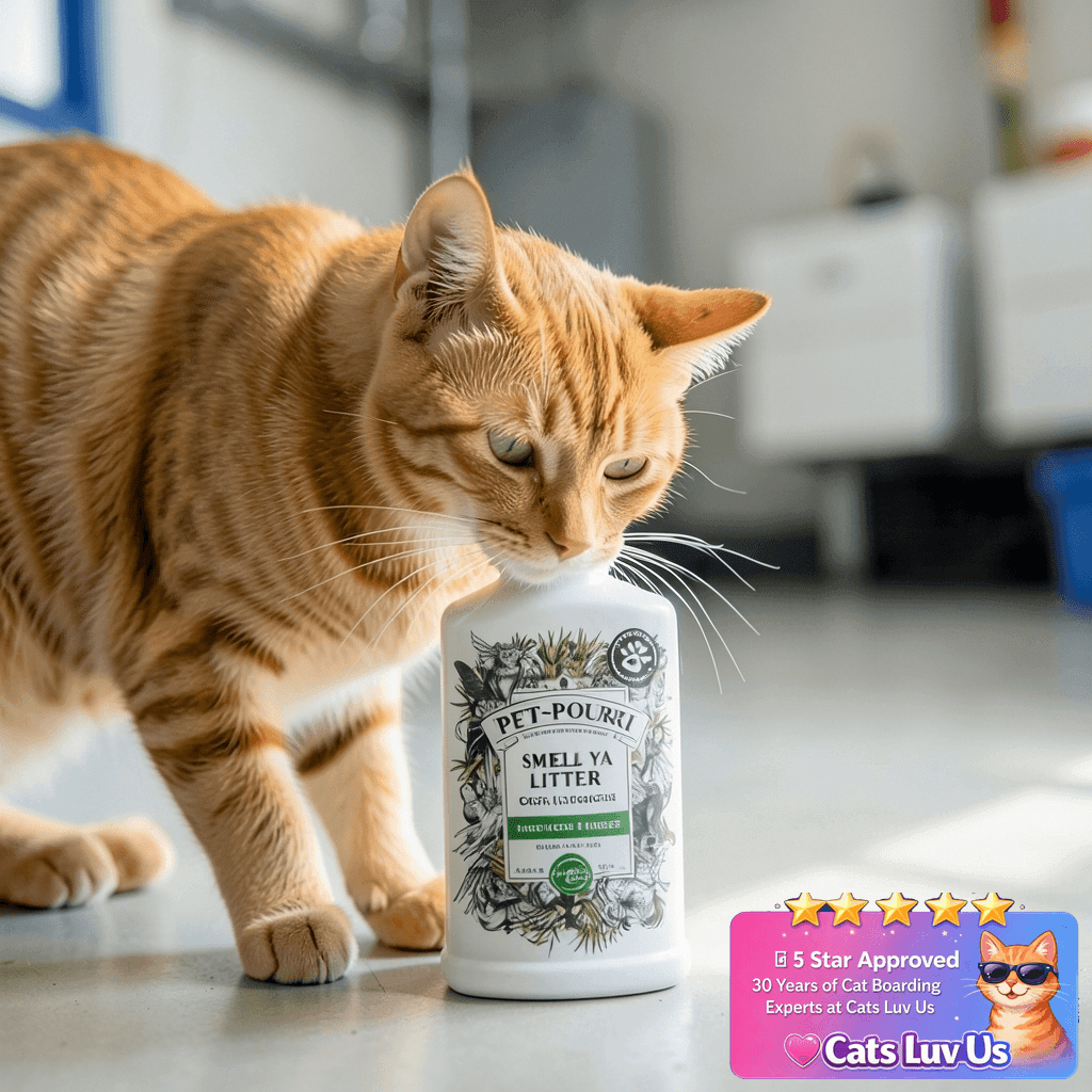 Pet-Pourri Smell Ya Litter Cat Litter Deodorizer Spray with cat - professional product lifestyle photo