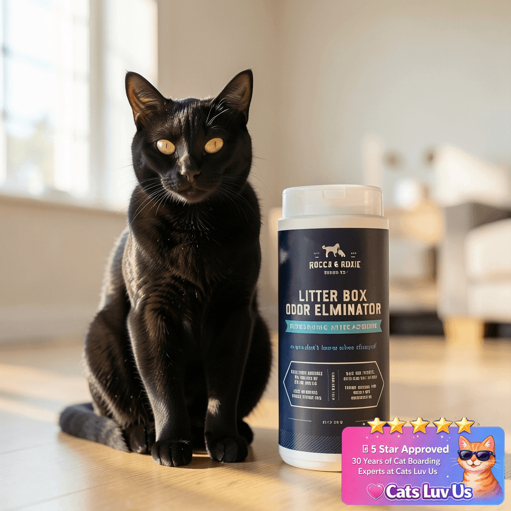 Rocco & Roxie Litter Box Odor Eliminator with cat - professional product lifestyle photo