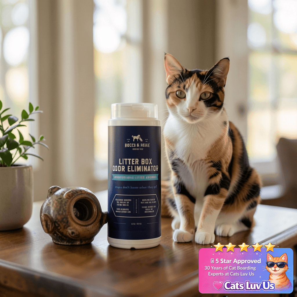 Rocco & Roxie Litter Box Odor Eliminator with cat - professional product lifestyle photo