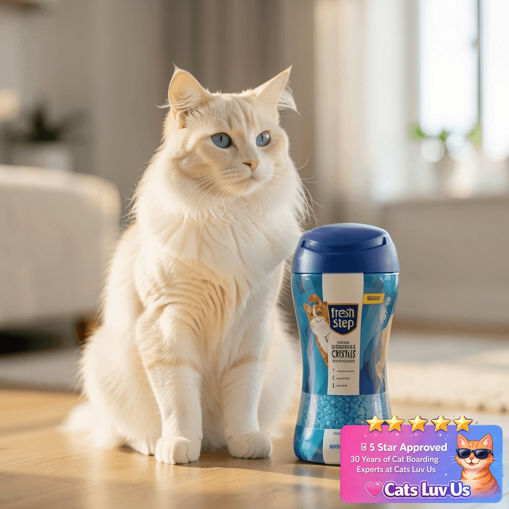 Fresh Step Cat Litter Crystals Deodorizer with cat - professional product lifestyle photo