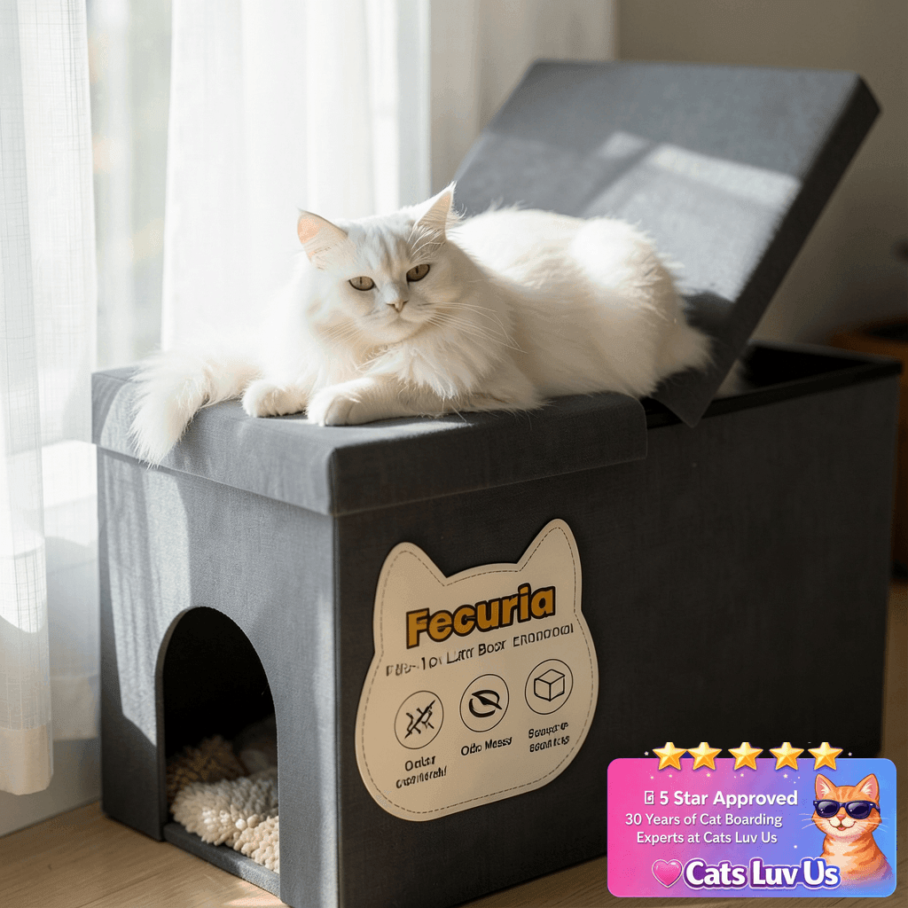 Fecuria 3-in-1 Cat Litter Box Enclosure with Odor Control with cat - professional product lifestyle photo