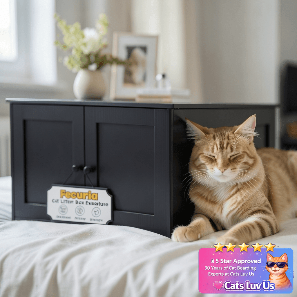 Fecuria Cat Litter Box Enclosure Furniture Dog Proof with cat - professional product lifestyle photo