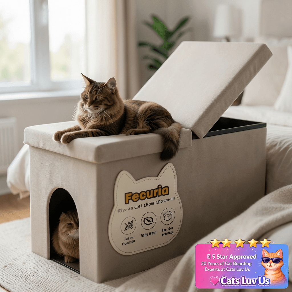 Fecuria 3-in-1 Cat Litter Box Enclosure with Odor Control with cat - professional product lifestyle photo