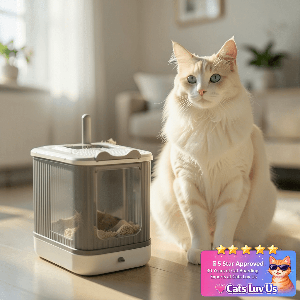Upgraded Fully Enclosed Cat Litter Box with Lid with cat - professional product lifestyle photo