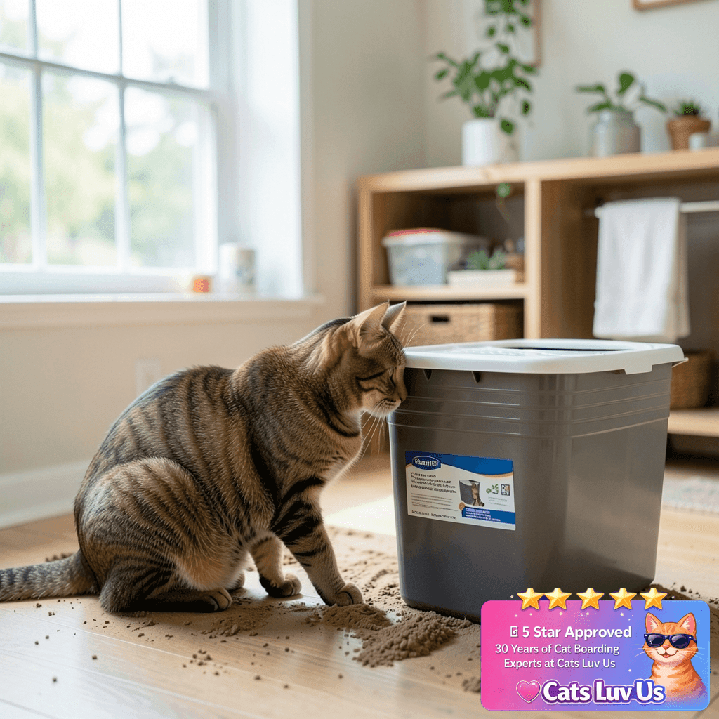 Petmate Enclosed Cat Litter Boxes with Hinged Lid and Wide with cat - professional product lifestyle photo