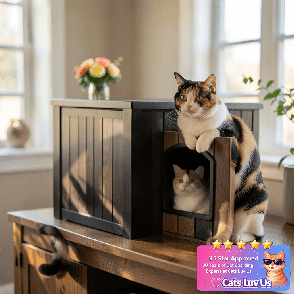 KFY Cat Litter Box Enclosure with cat - professional product lifestyle photo