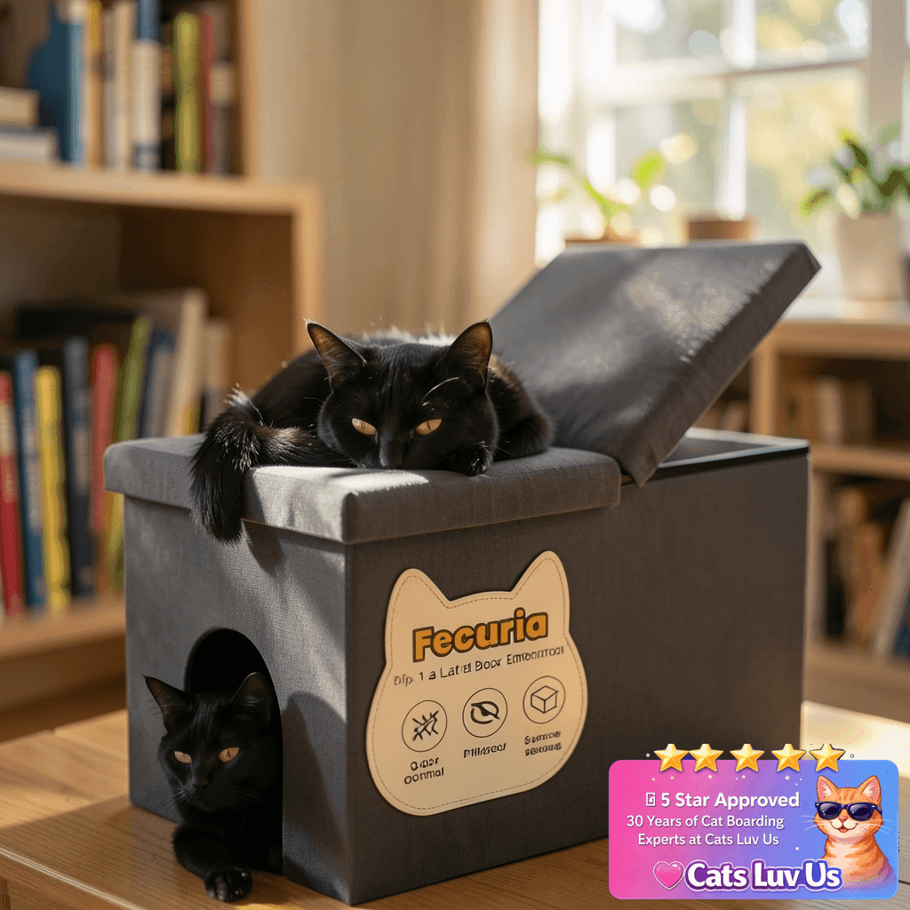 Fecuria 3-in-1 Cat Litter Box Enclosure with Odor Control with cat - professional product lifestyle photo