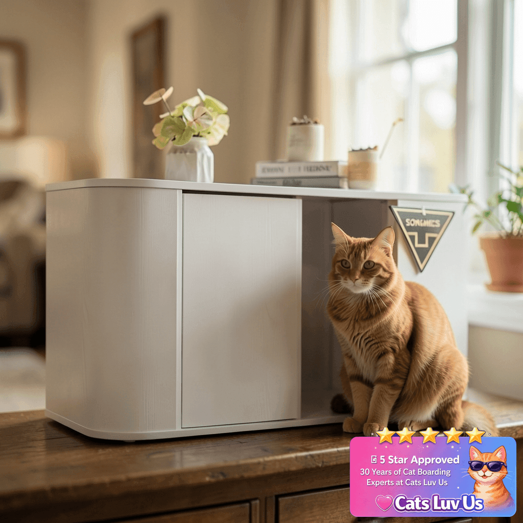 SONGMICS HOME Cat Litter Box Enclosure with cat - professional product lifestyle photo
