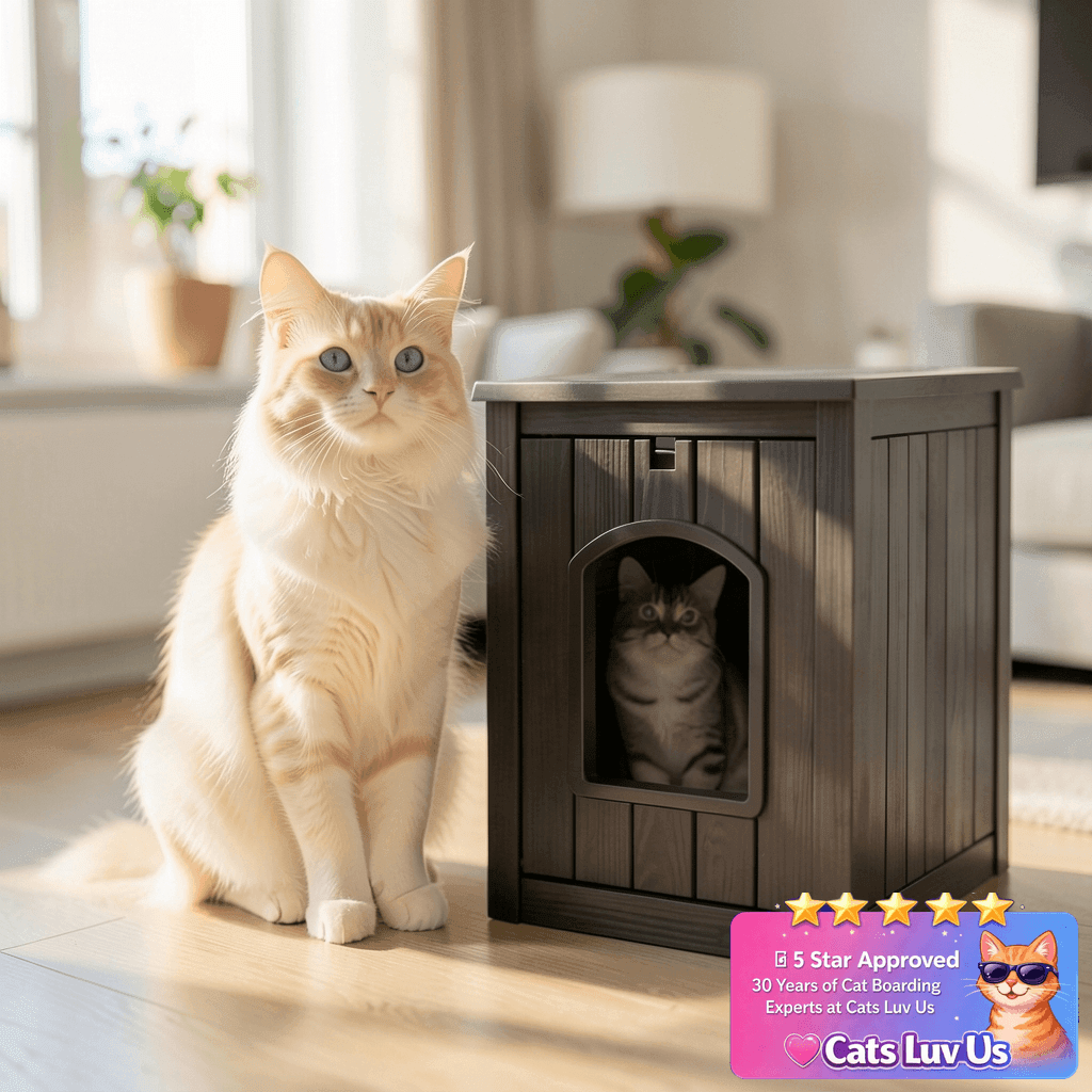 WTFGO Cat Litter Box Enclosure with cat - professional product lifestyle photo
