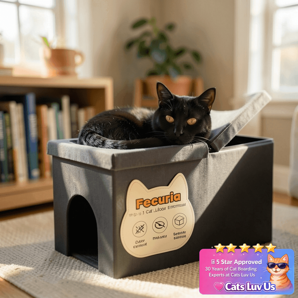 Fecuria 3-in-1 Cat Litter Box Enclosure with Odor Control with cat - professional product lifestyle photo