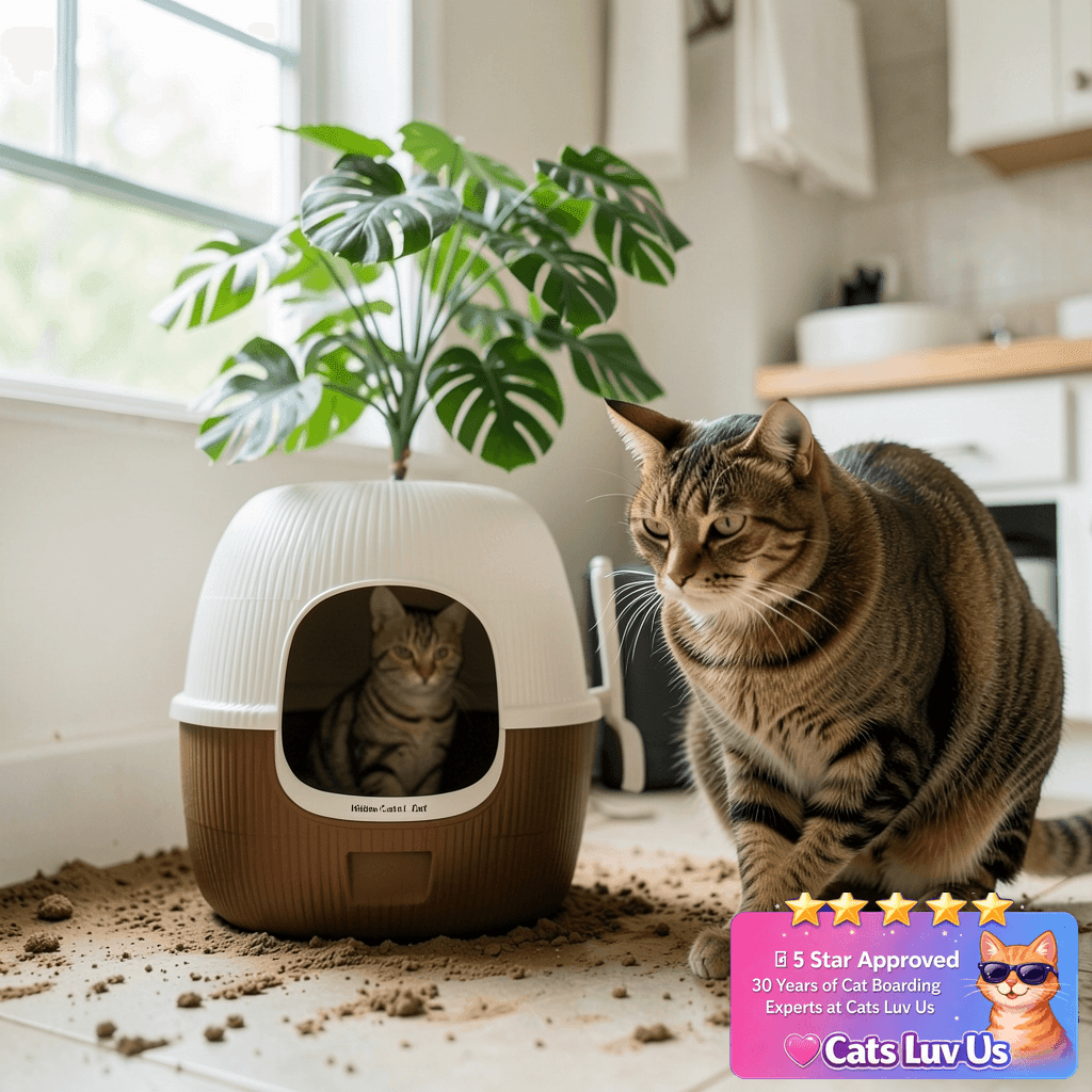 Hidden Cat Litter Box with Faux Plant & Scoop with cat - professional product lifestyle photo