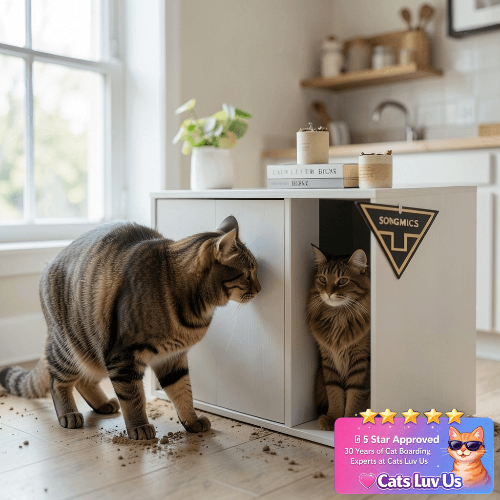 SONGMICS HOME Cat Litter Box Enclosure with cat - professional product lifestyle photo