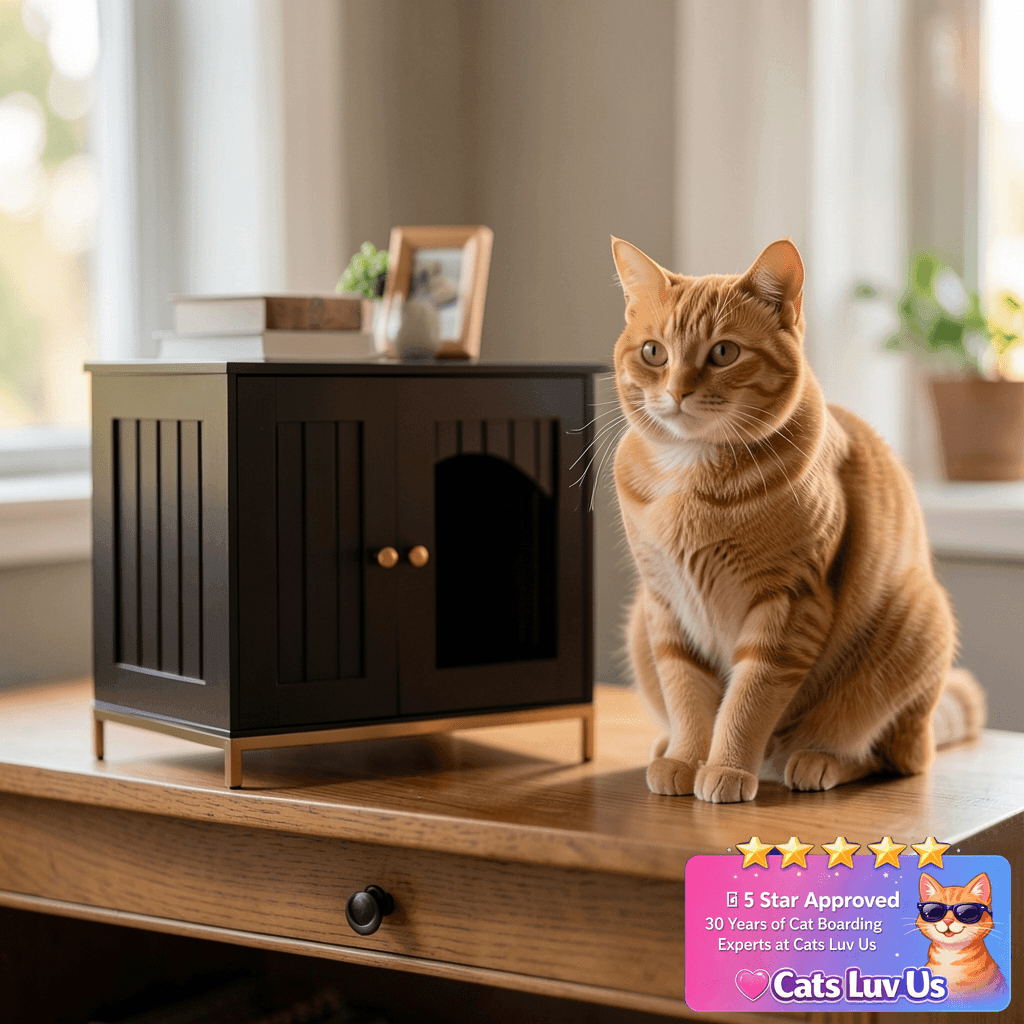 Homhedy Cat Litter Box Enclosure with cat - professional product lifestyle photo